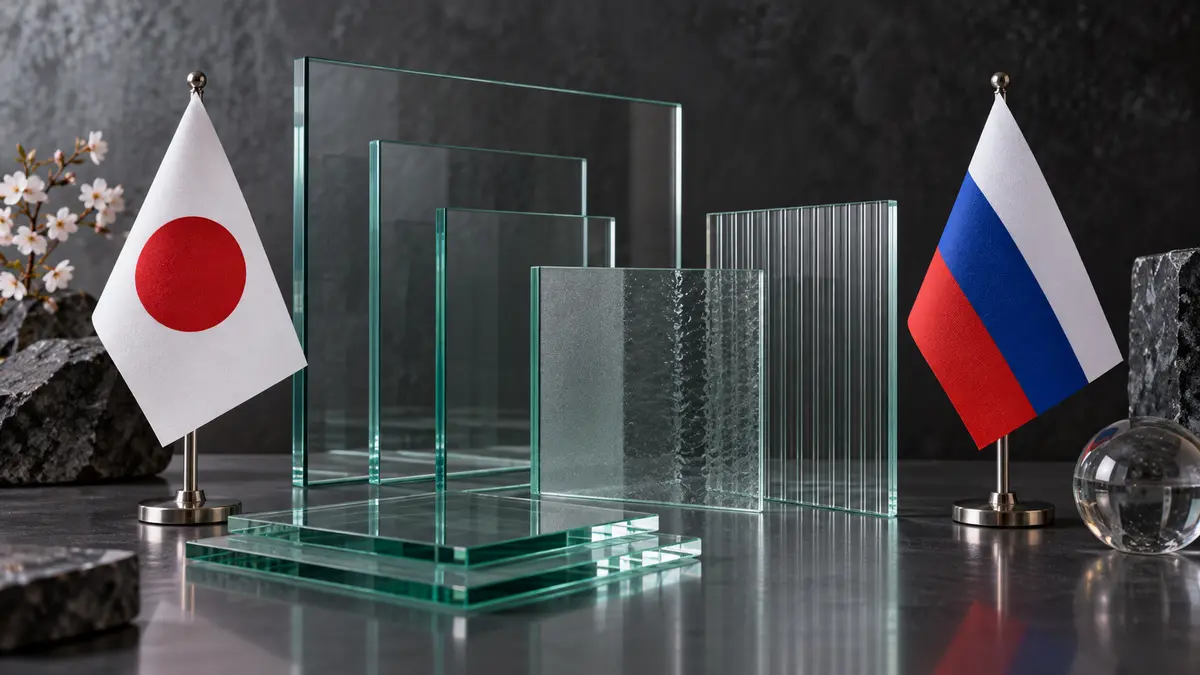 Japanese and Russian flags beside architectural glass samples