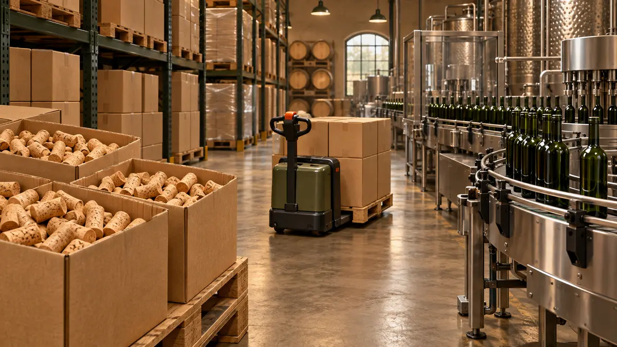Cork cartons beside a winery bottling line