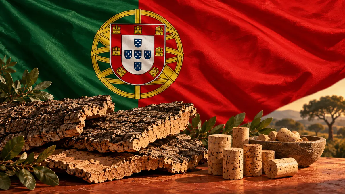 Portugal's cork trade Portuguese flag with cork bark and wine stoppers