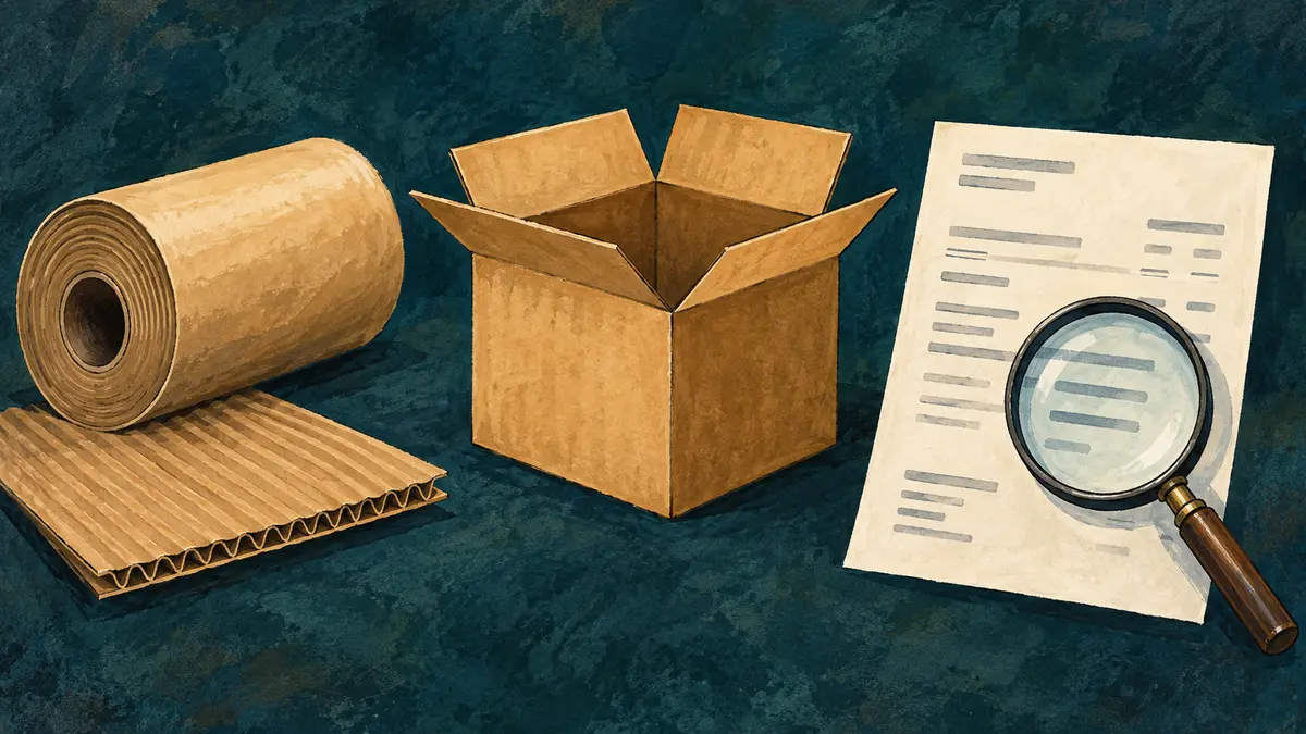 Comparing packaging purchases Paper, a shipping box and an invoice under a magnifying glass