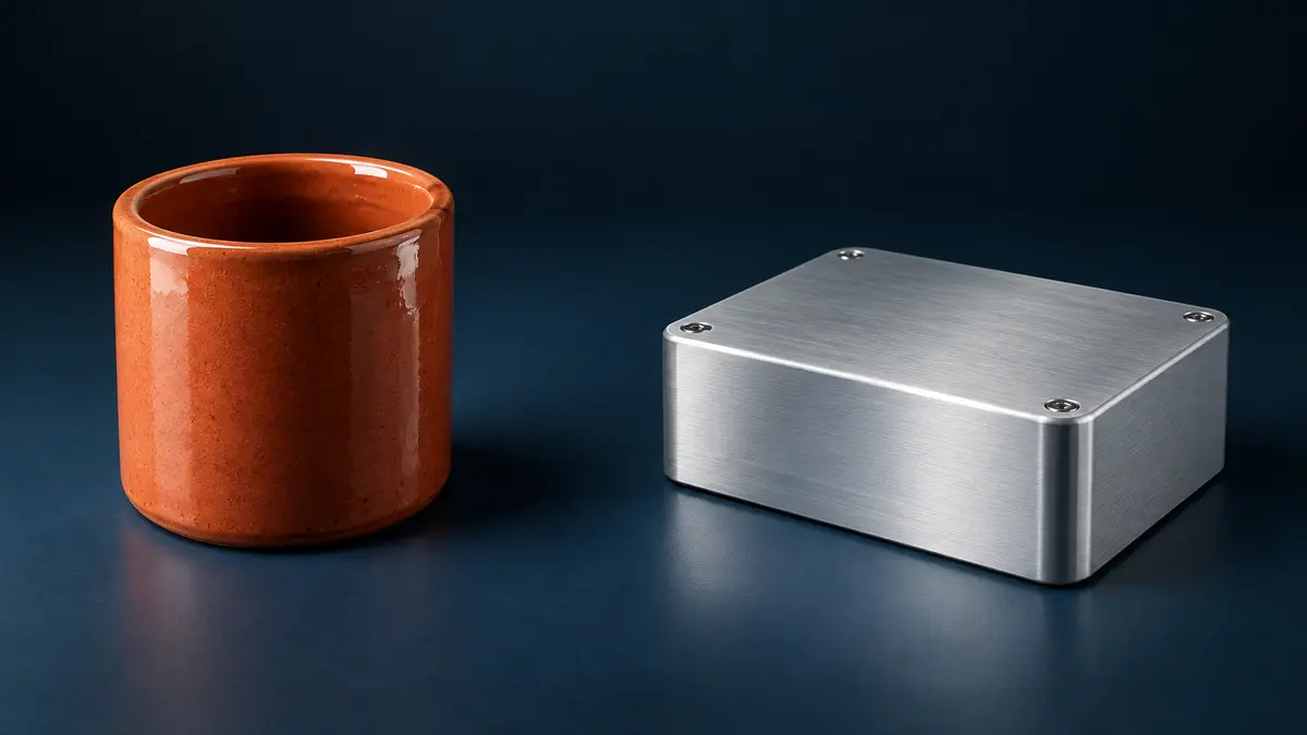 Whole products and distinct uses Ceramic vessel and aluminum housing on a dark surface