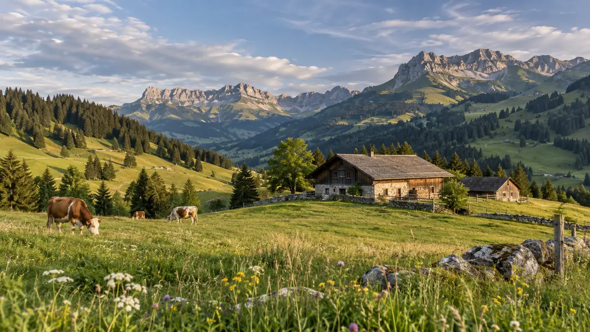 Green Alpine pastures beside a timber and stone farmhouse