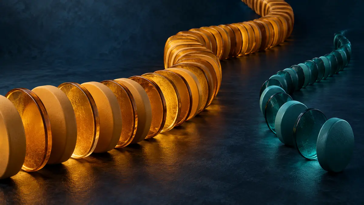 Committed stock and changing demand Amber and teal discs following separate curved paths