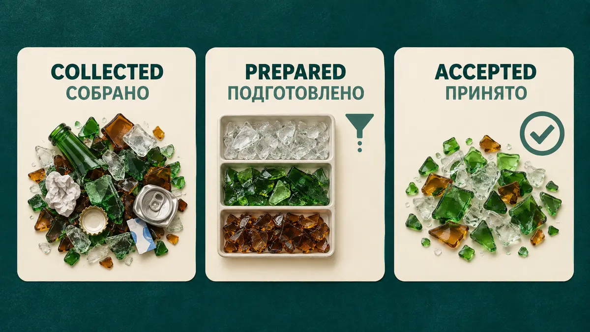 Three states of a glass recycling batch Collected, prepared and accepted glass material