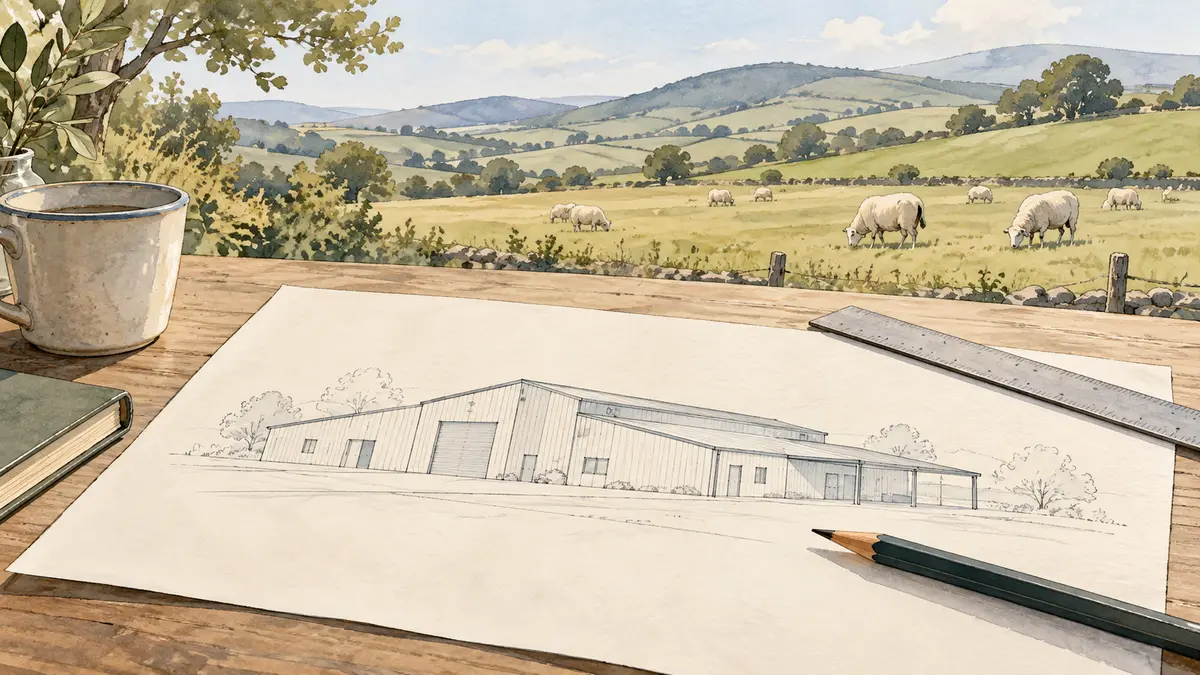 Factory planning sketch beside a sheep pasture