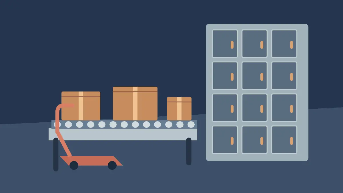 Parcels on rollers beside storage compartments