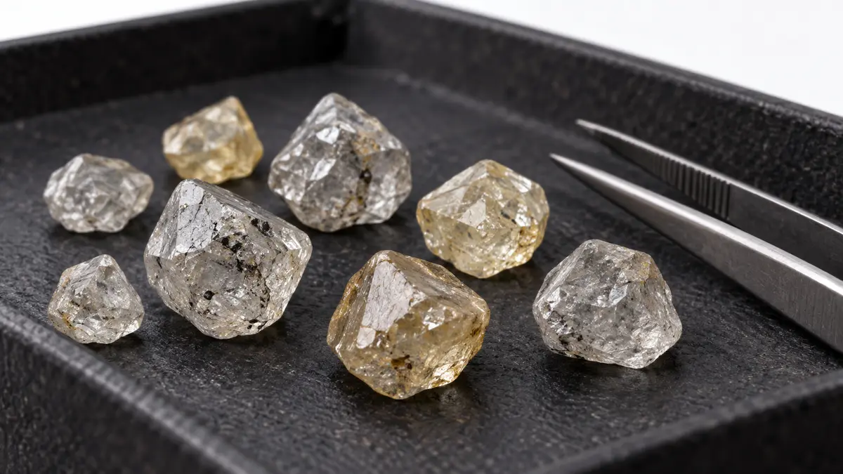 Rough diamond crystals on a dark examination tray