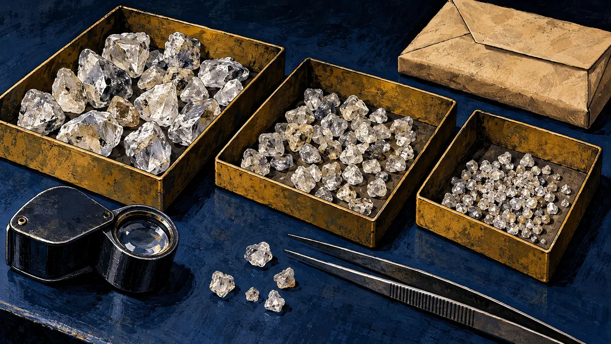 Diamond assortment sorting Trays of rough crystals beside a loupe and tweezers