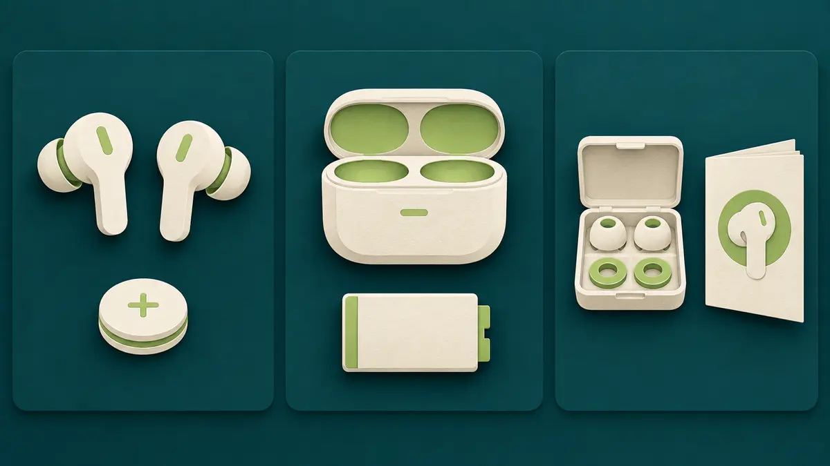 Maintaining wireless audio Earbuds, case batteries, spare parts and instructions
