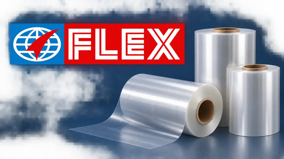 Flex logo beside rolls of packaging film