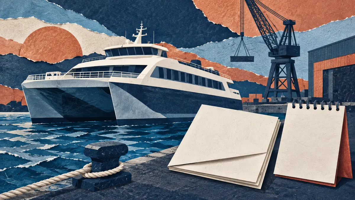 Passenger catamaran, shipyard crane, documents and calendar