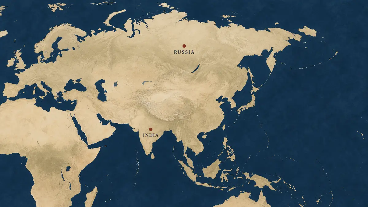 Russia and India on a map of Eurasia