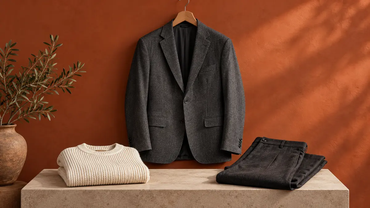 Clothing display Jacket, sweater and trousers on display