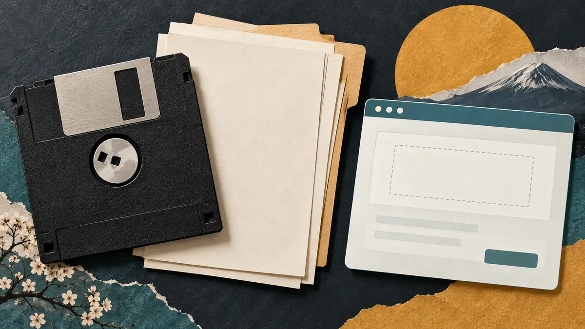 Floppy disk, documents and an electronic submission window
