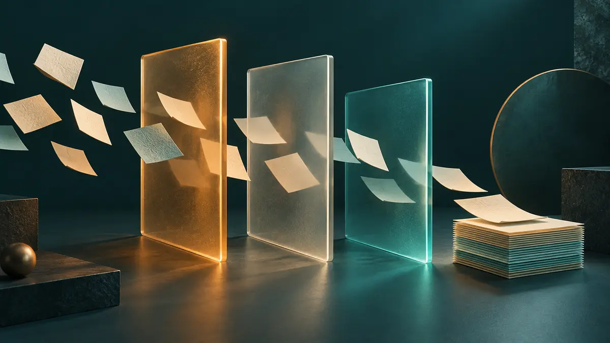 Stages of document processing Paper tiles passing through translucent layers into a stack