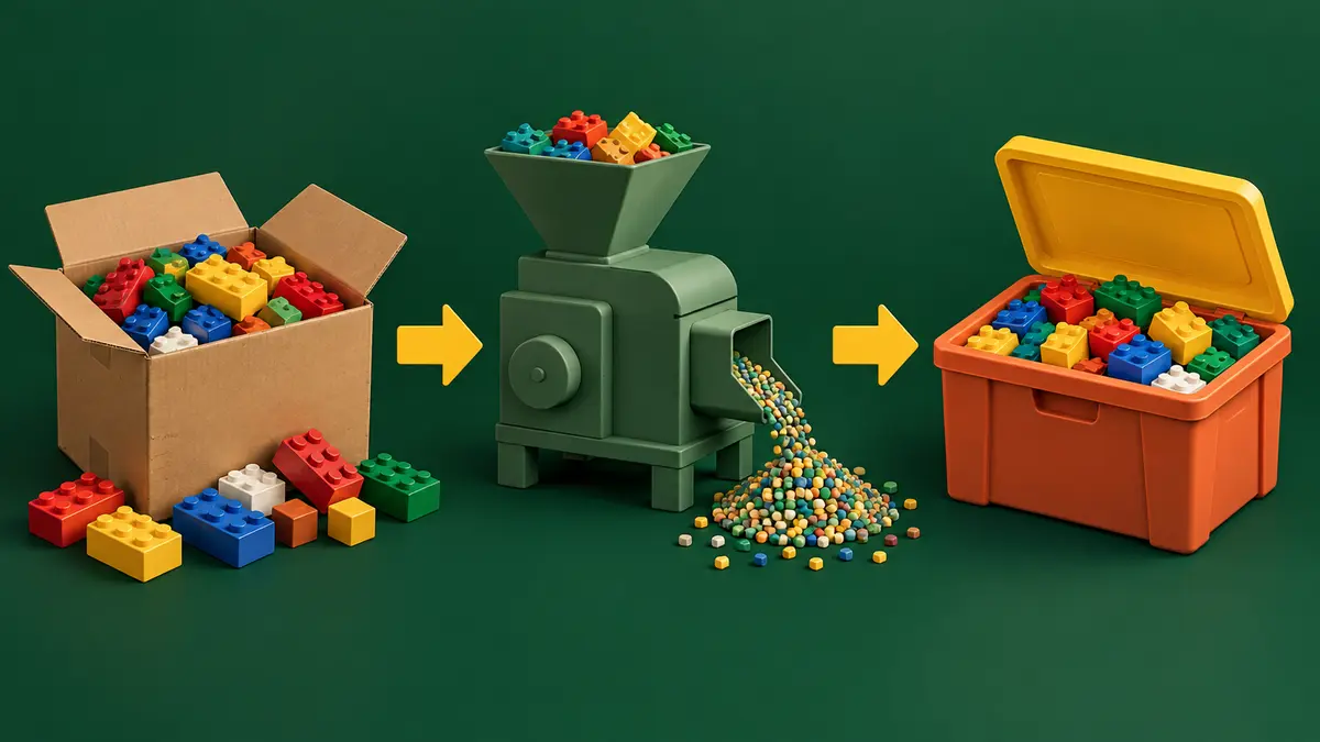 Returned toy bricks and recycled storage boxes