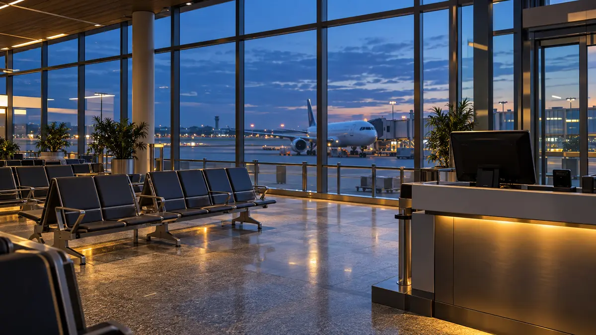 Airport departure seating and an aircraft beyond the windows