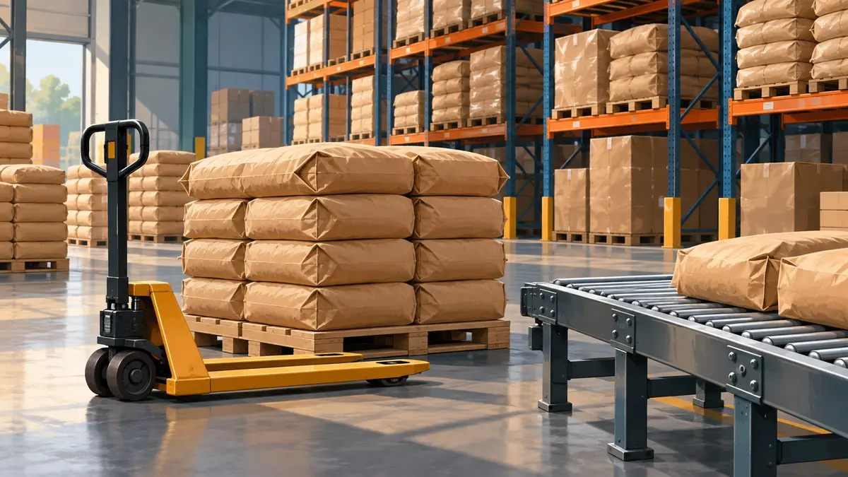 Pallet truck and sealed ingredient sacks in a warehouse