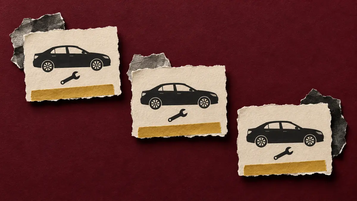 Separate events and repeated retained layers Three separate vehicle repair cards with repeated amber strips