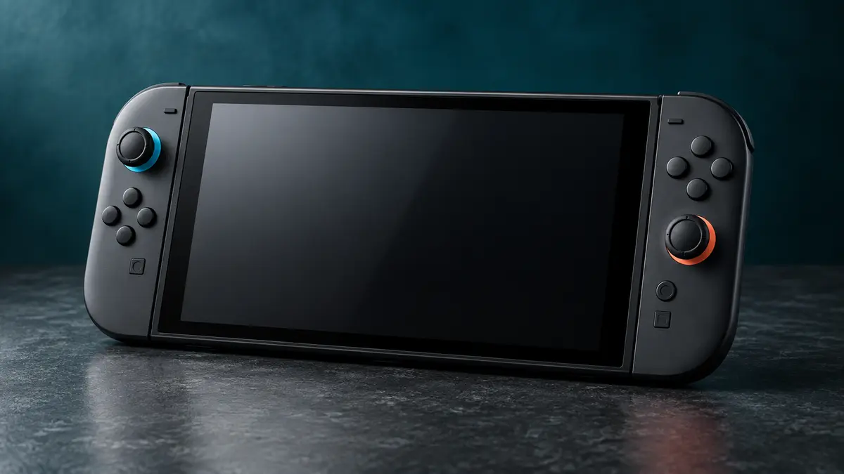 Handheld game console on a dark display surface
