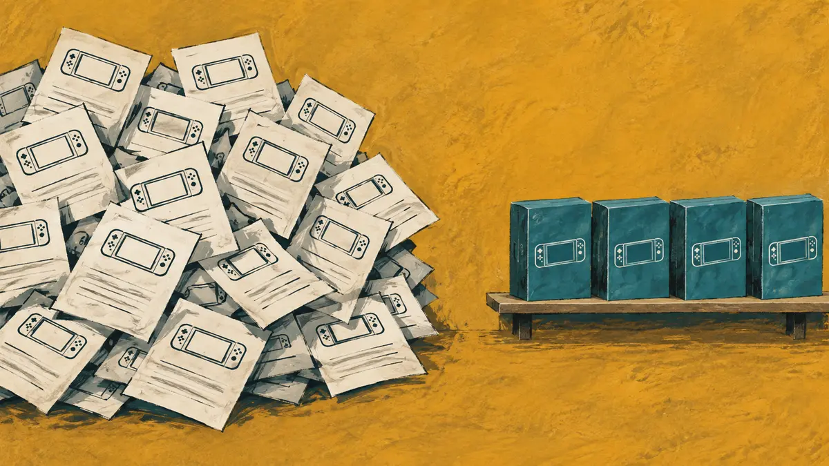 Applications and available stock Application cards beside a shelf of console packages