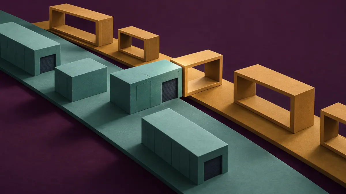 Geometric building forms aligned with open frames