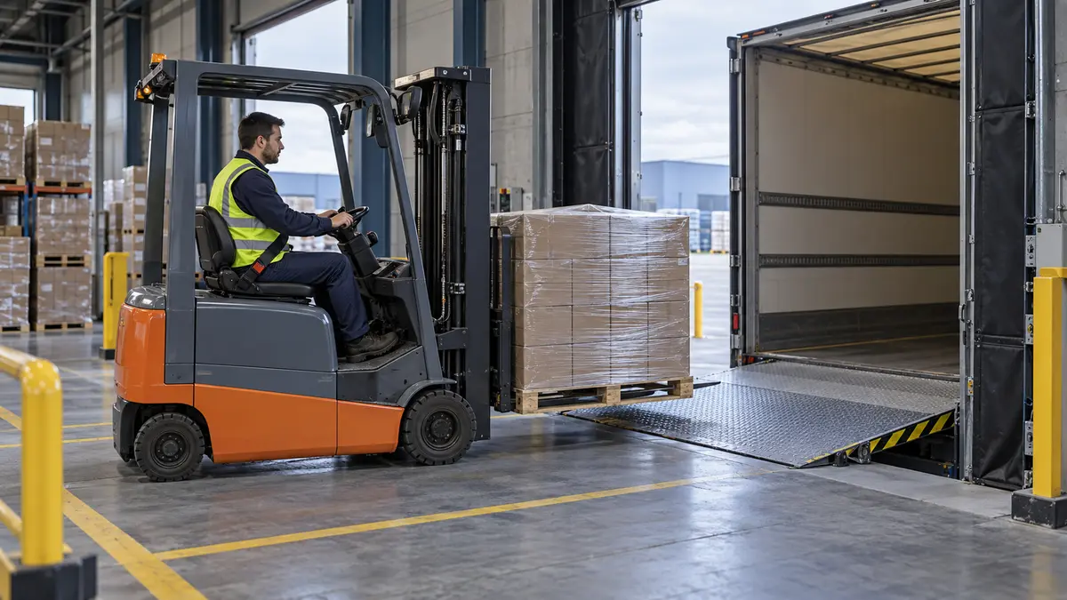 Pallet handling at a warehouse loading bay Forklift moving a wrapped pallet toward a truck loading bay
