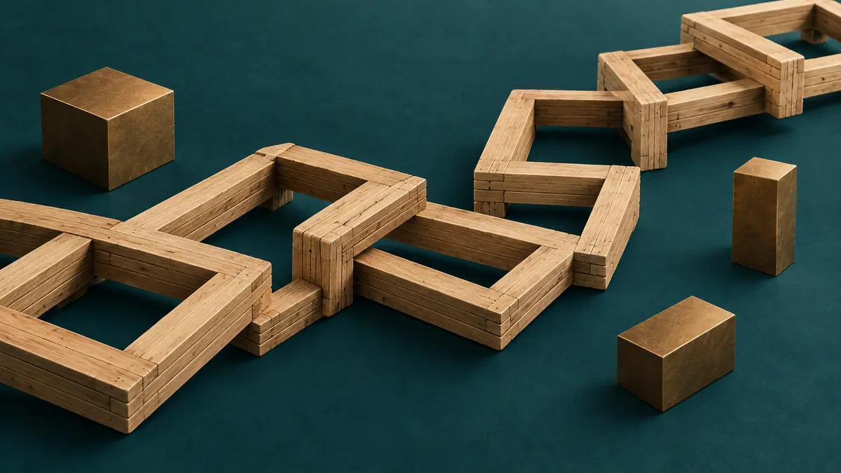 Interlocking timber frames and bronze blocks