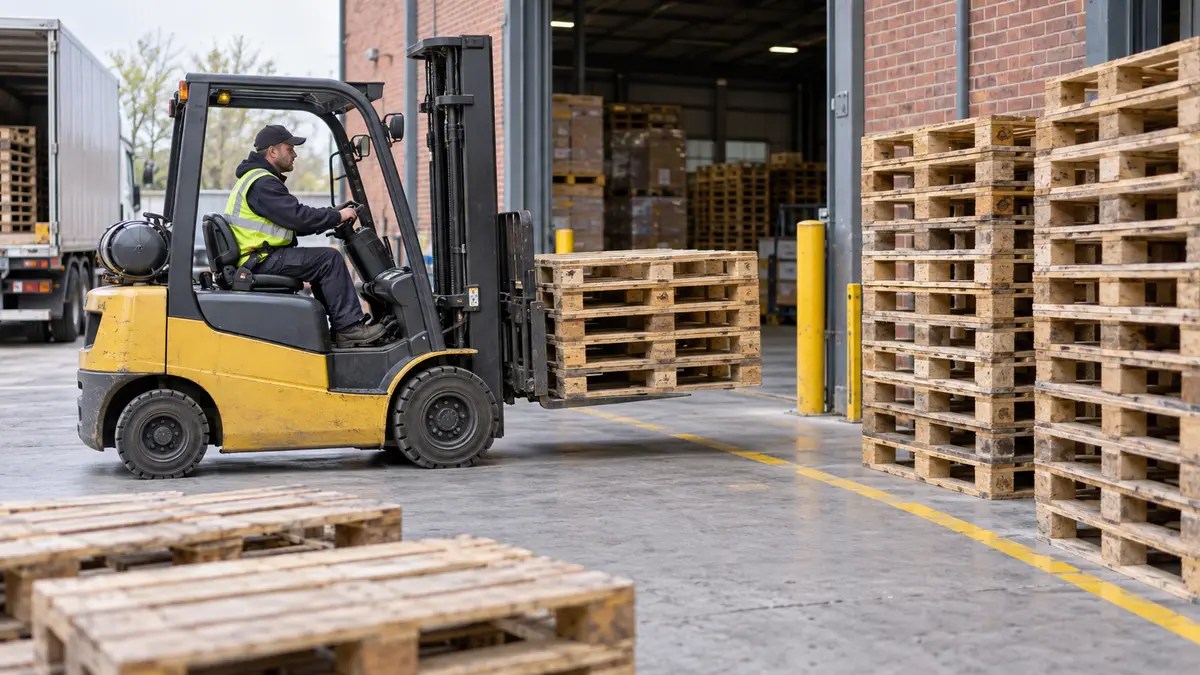 Empty pallet handling A forklift moving empty wooden pallets at a warehouse