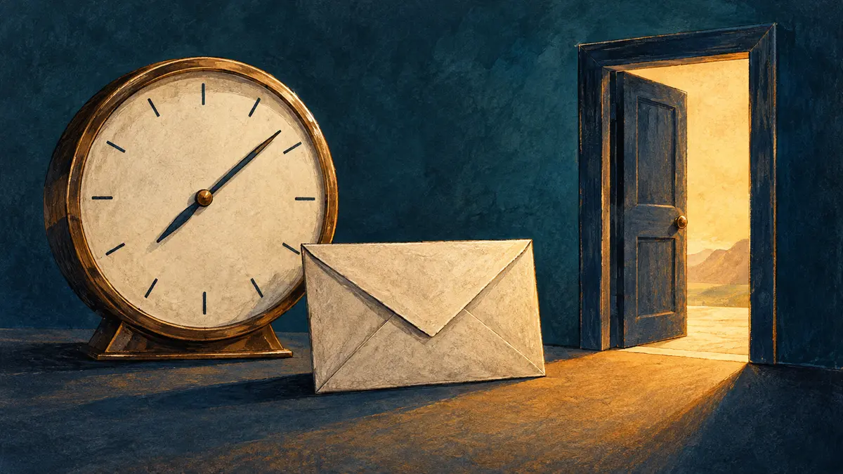 Clock and closed envelope beside an open doorway
