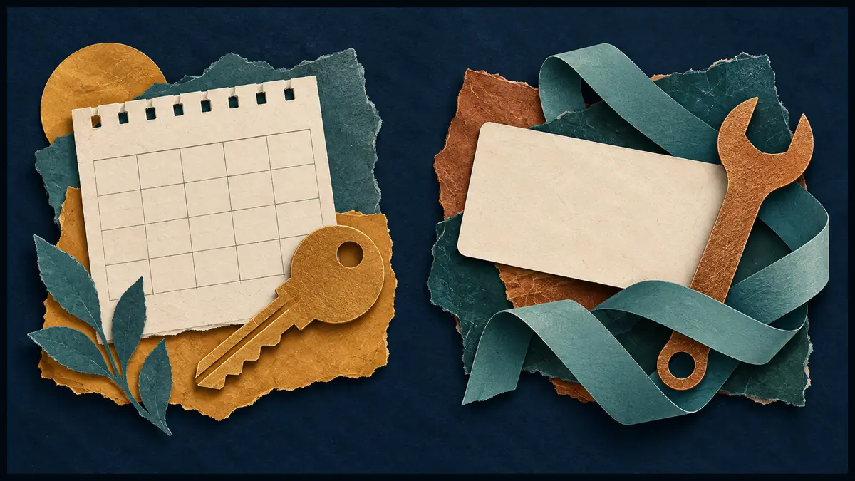 Ownership decisions and customer service Paper calendar and key separated from a service card and wrench