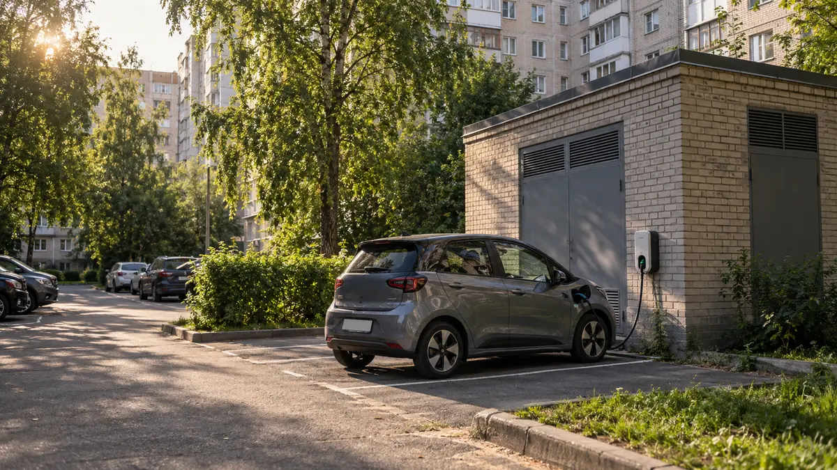 Electric car charging beside a residential substation