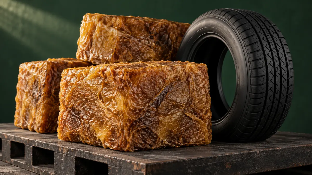 Natural rubber bales beside an unbranded tyre