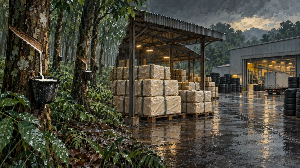 The rubber supply chain Rubber trees, sheltered bales and a tyre factory entrance