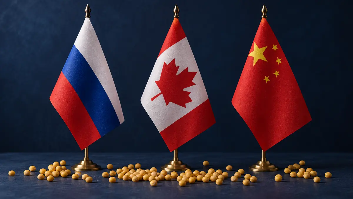 Flags of Russia, Canada and China with dry peas