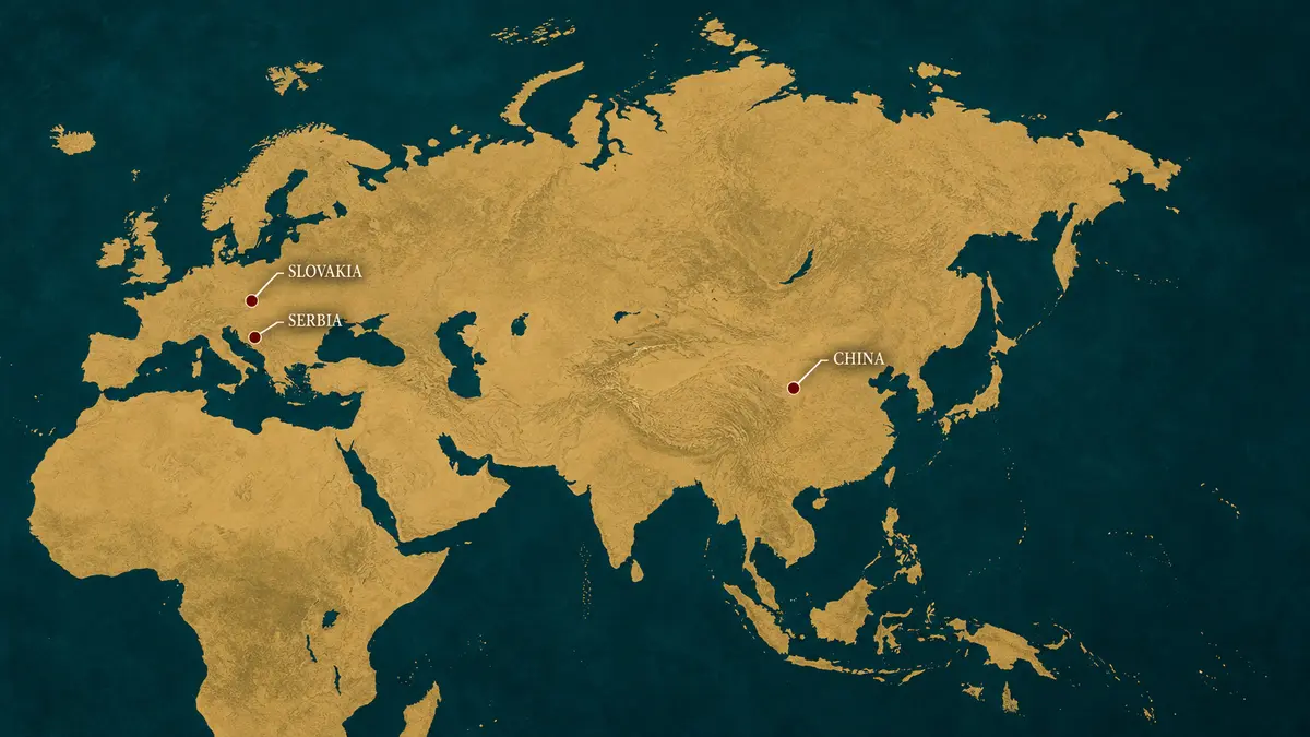 Slovakia, Serbia and China on a Eurasian map