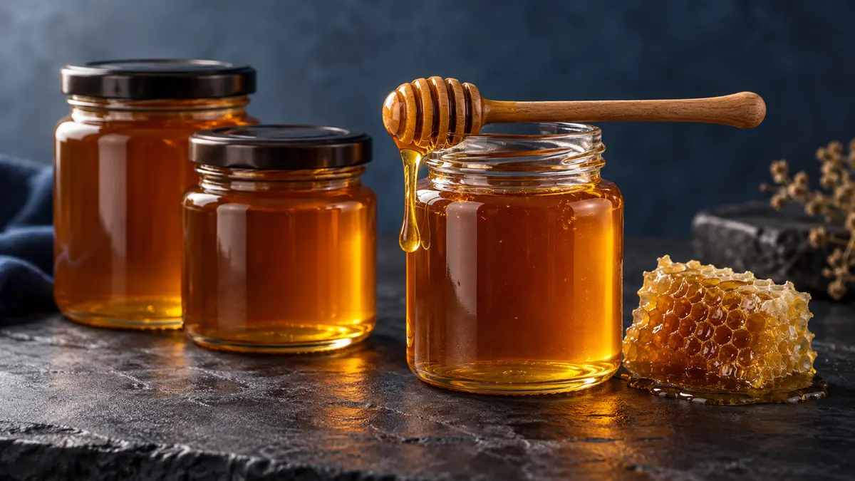 Honey in glass jars Glass jars of amber honey beside honeycomb