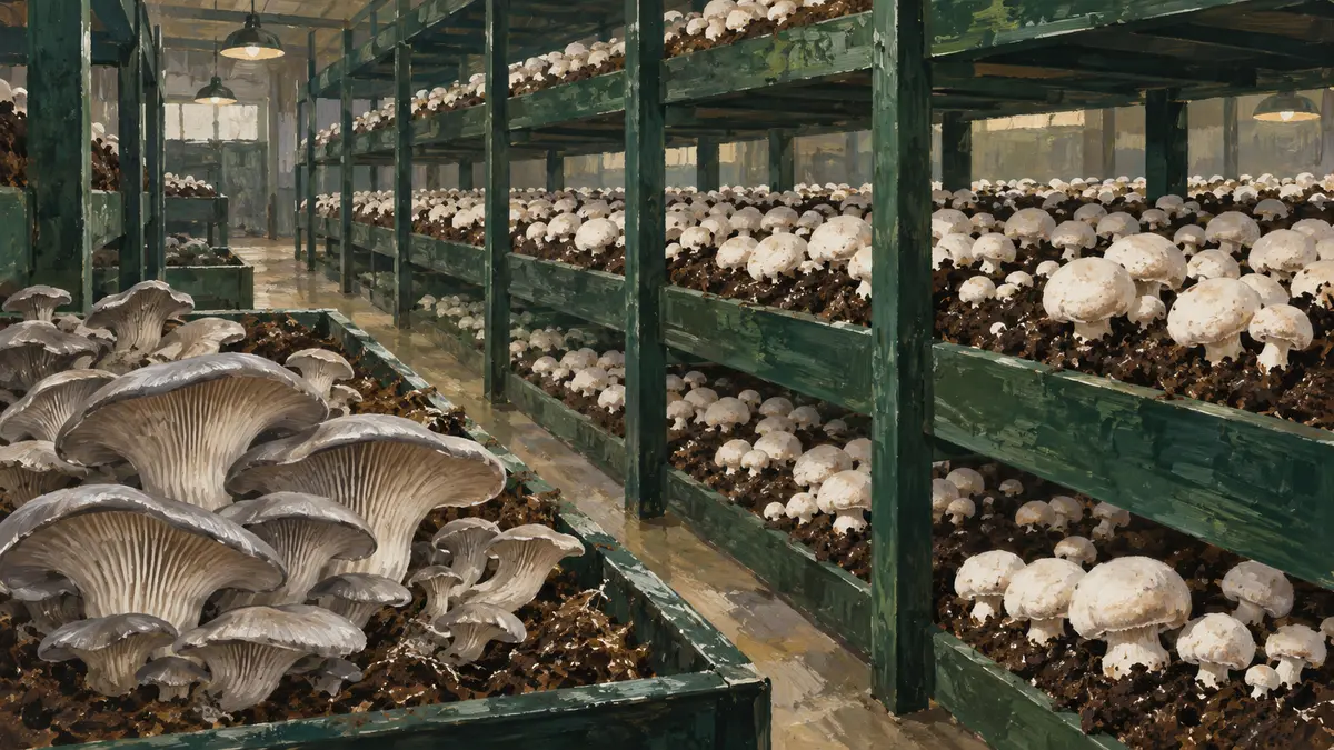 Cultivated mushrooms in growing beds