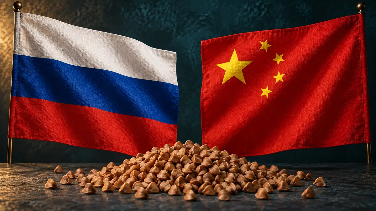 Russian and Chinese flags above buckwheat grains