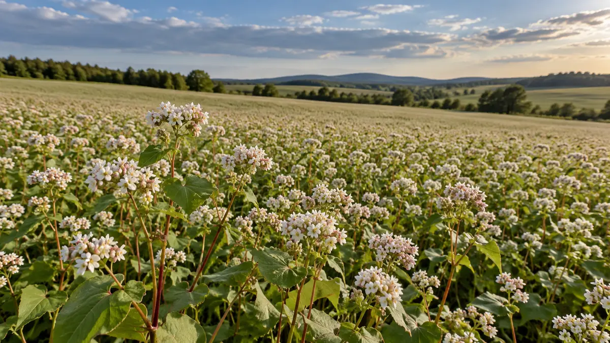 Buckwheat in bloom Flowering buckwheat field in rolling countryside