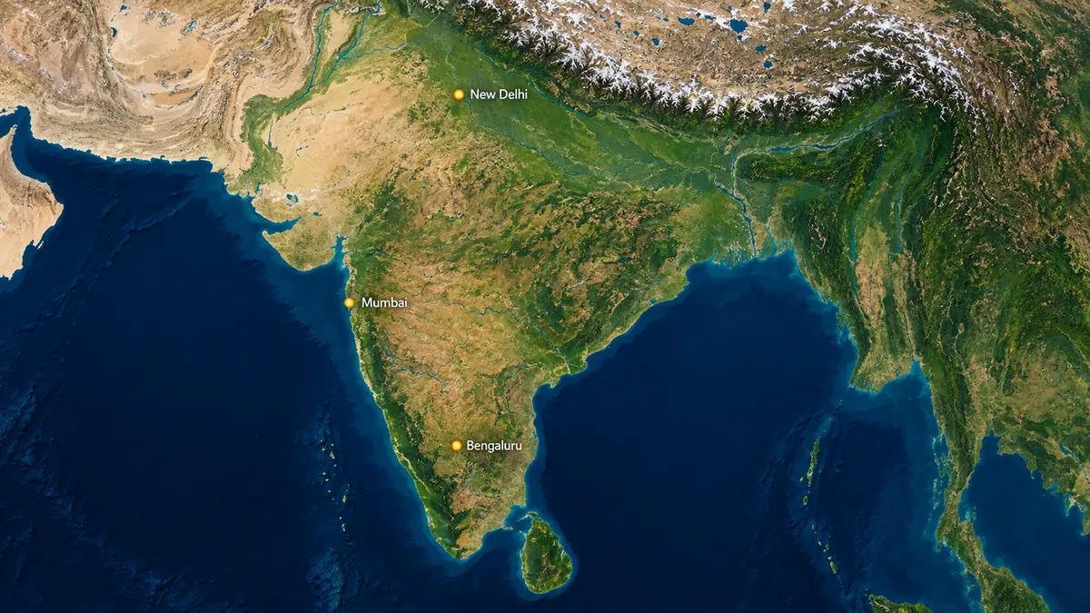 Map locating New Delhi, Mumbai and Bengaluru