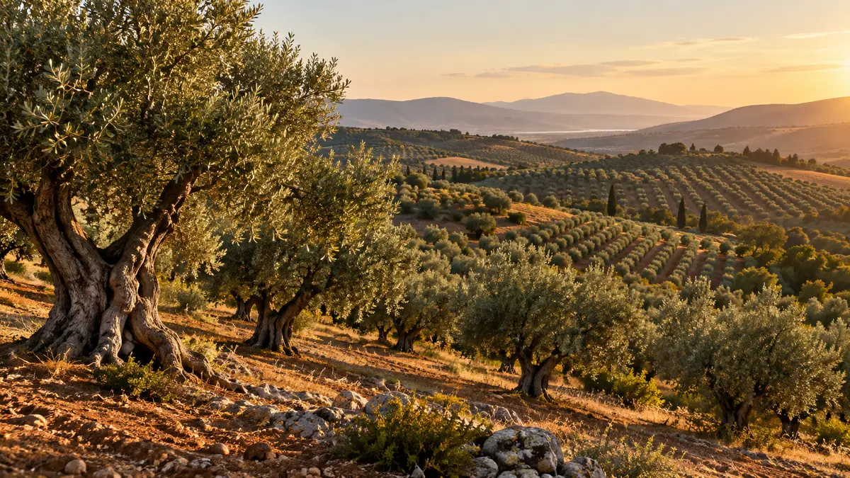 Olive trees across Mediterranean hills