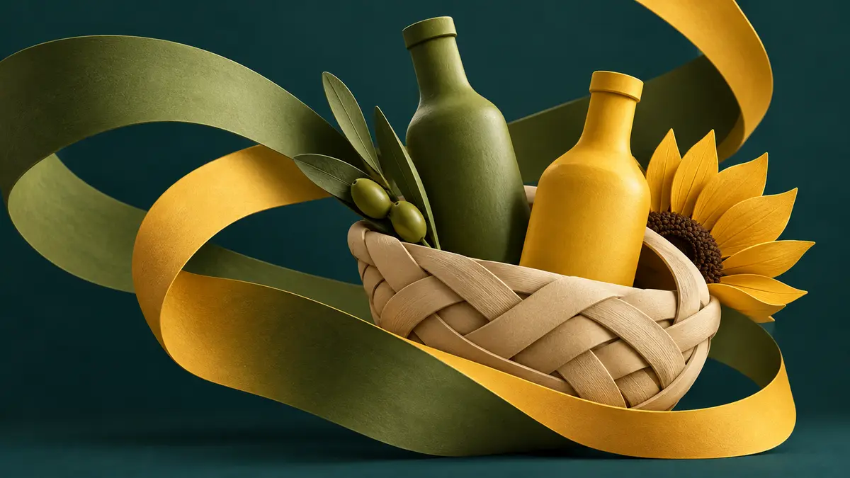 A mixed cooking-oil basket Olive-green and sunflower-gold bottles in a shopping basket