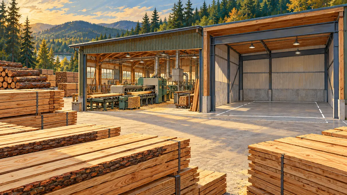 Timber stacks beside a workshop and an empty equipment bay